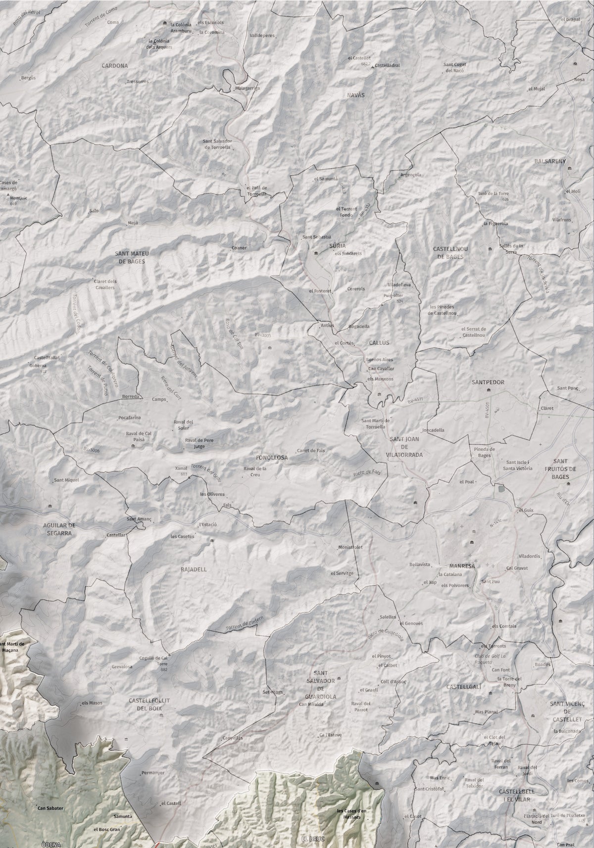 Mapa de relleu de l’Anoia, amb el territori en color i l’entorn en blanc. Detall de la part superior dreta. 70 × 100 cm. Estil Cartogràfic.
