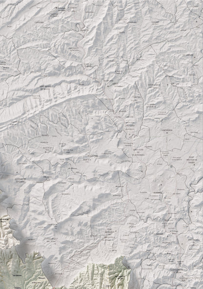 Mapa de relleu de l’Anoia, amb el territori en color i l’entorn en blanc. Detall de la part superior dreta. 70 × 100 cm. Estil Cartogràfic.