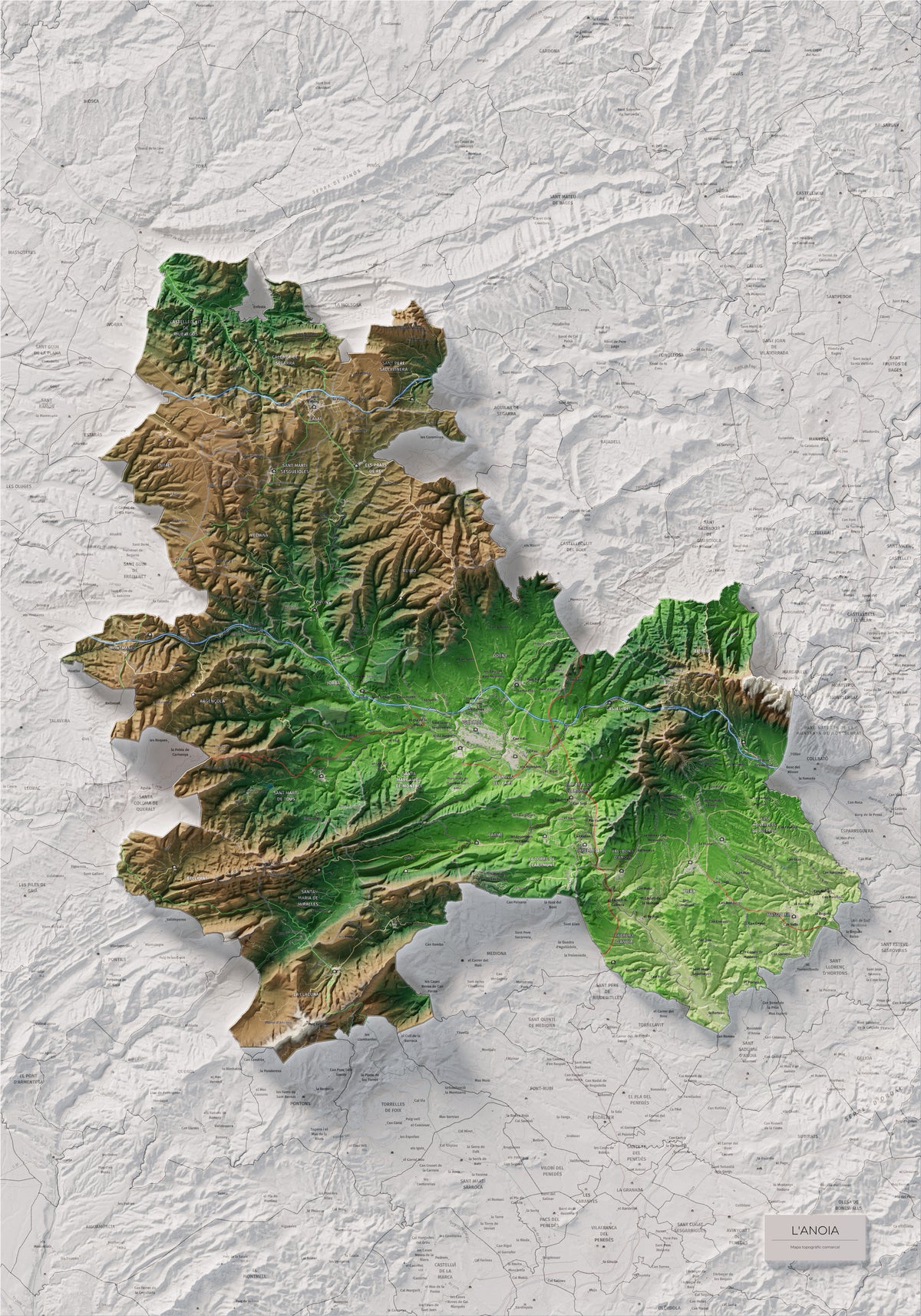 Mapa de relleu de l’Anoia, amb el territori en color i l’entorn en blanc. Vista completa de la làmina. 70 × 100 cm. Estil Clàssic.