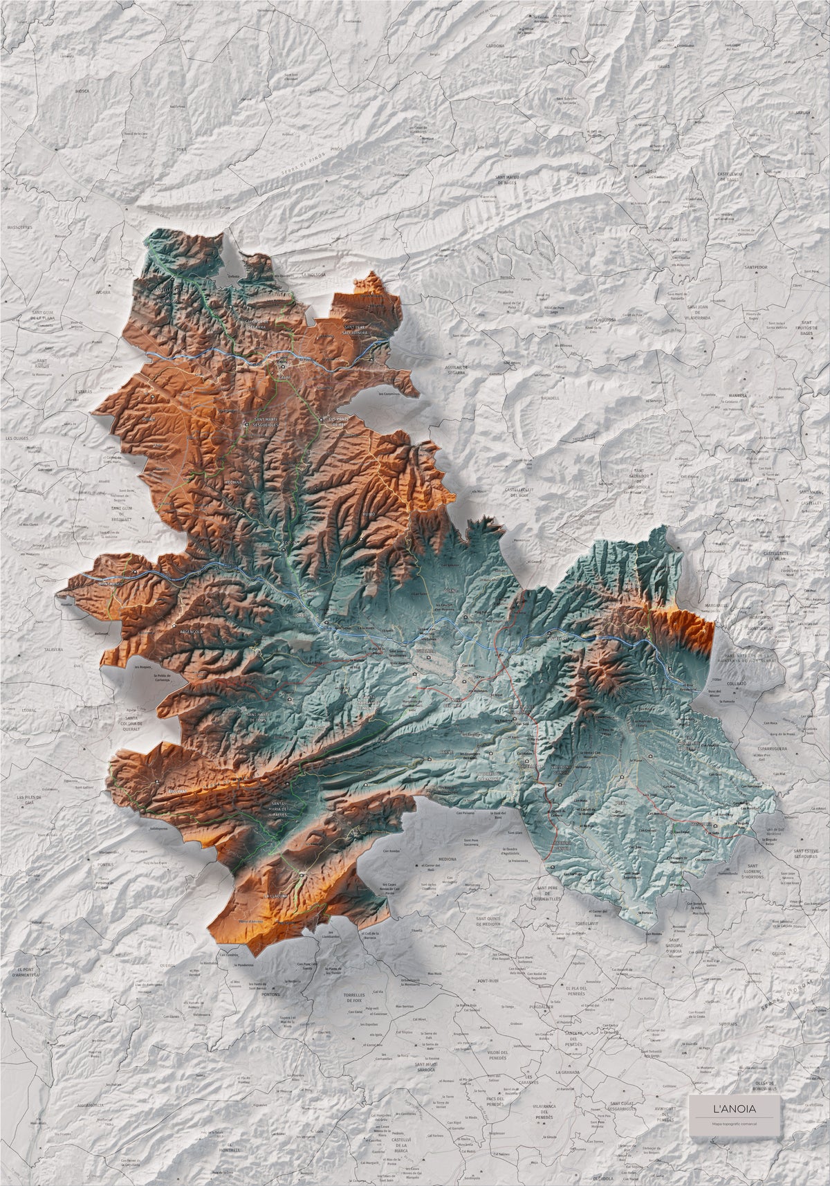 Mapa de relleu de l’Anoia, amb el territori en color i l’entorn en blanc. Vista completa de la làmina. 70 × 100 cm. Estil Blau i taronja.