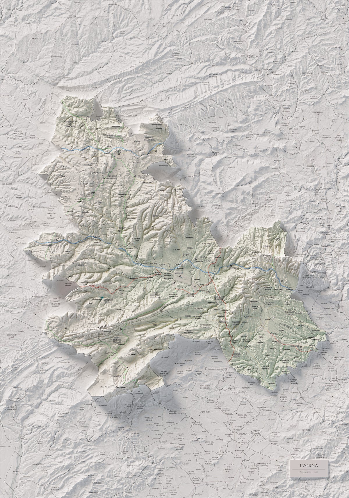 Mapa de relleu de l’Anoia, amb el territori en color i l’entorn en blanc. Vista completa de la làmina. 70 × 100 cm. Estil Cartogràfic.