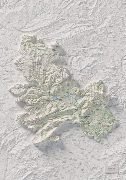 Mapa de relleu de l’Anoia, amb el territori en color i l’entorn en blanc. Vista completa de la làmina. 70 × 100 cm. Estil Cartogràfic.