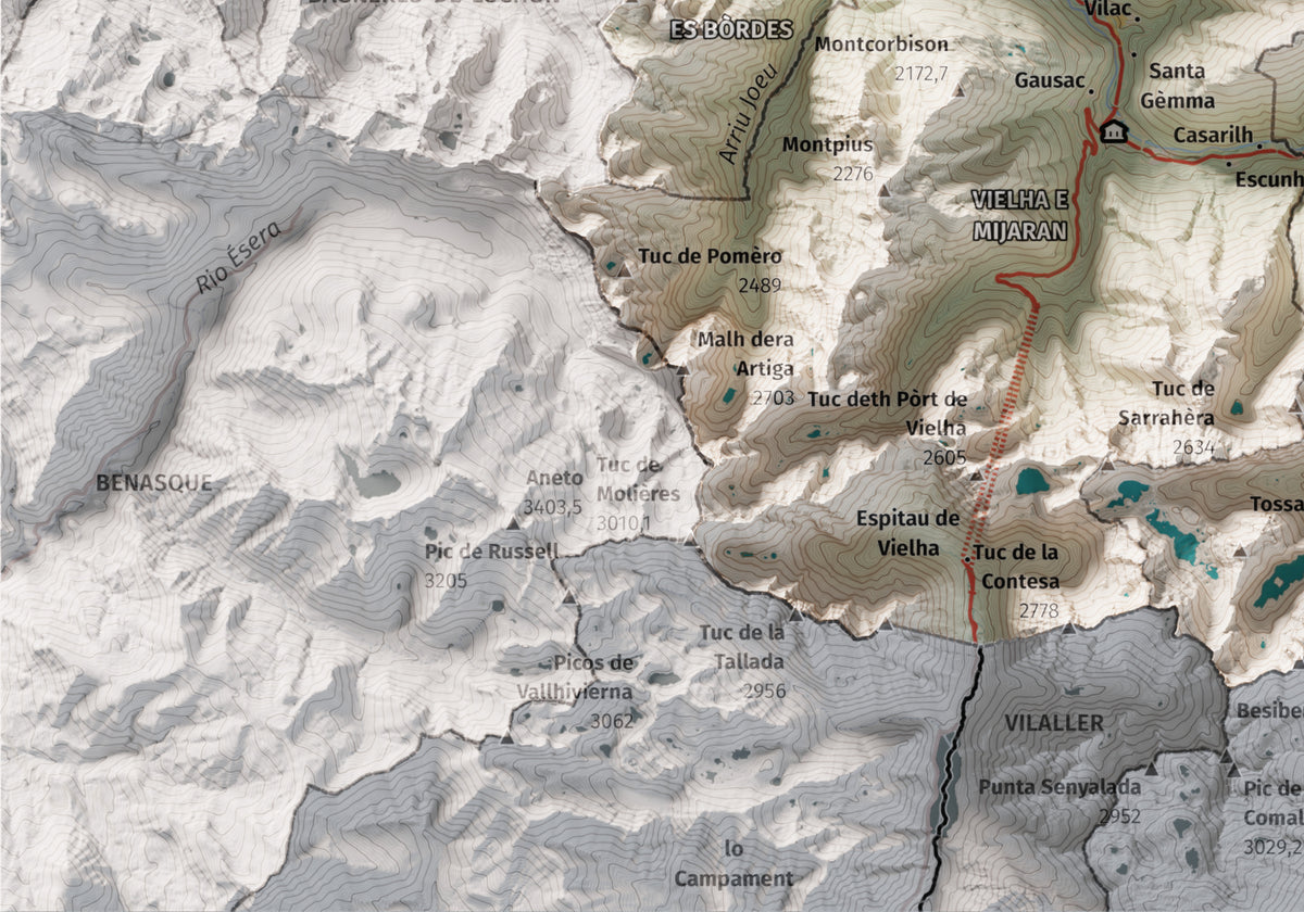 Mapa de relieve de Aran, con el territorio en color y el entorno en blanco. Detalle de la zona inferior izquierda. 21 × 30 cm. Estilo Cartográfico.