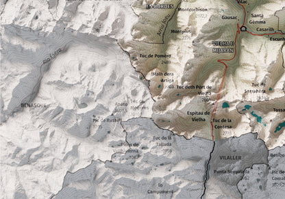 Mapa de relieve de Aran, con el territorio en color y el entorno en blanco. Detalle de la zona inferior izquierda. 21 × 30 cm. Estilo Cartográfico.
