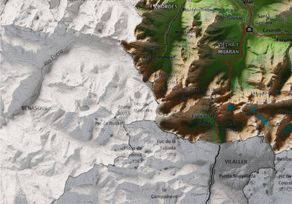 Mapa de relieve de Aran, con el territorio en color y el entorno en blanco. Detalle de la zona inferior izquierda. 21 × 30 cm. Estilo Clásico.