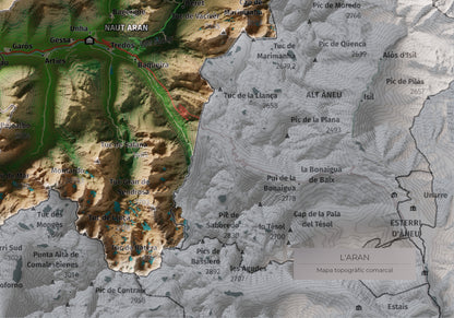 Mapa de relieve de Aran, con el territorio en color y el entorno en blanco. Detalle de la zona inferior derecha. 21 × 30 cm. Estilo Clásico.