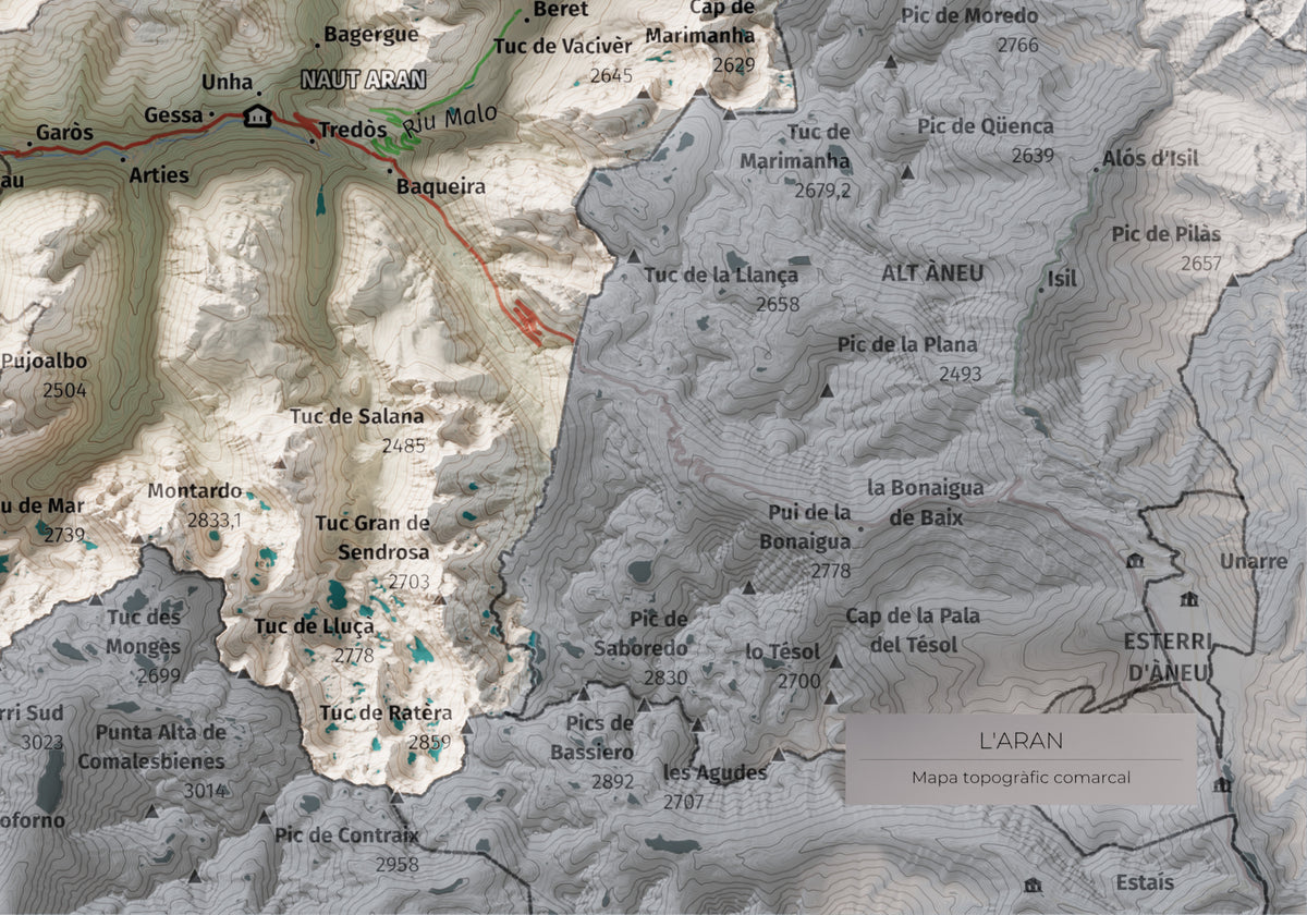 Mapa de relieve de Aran, con el territorio en color y el entorno en blanco. Detalle de la zona inferior derecha. 21 × 30 cm. Estilo Cartográfico.