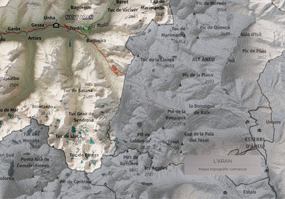 Mapa de relieve de Aran, con el territorio en color y el entorno en blanco. Detalle de la zona inferior derecha. 21 × 30 cm. Estilo Cartográfico.