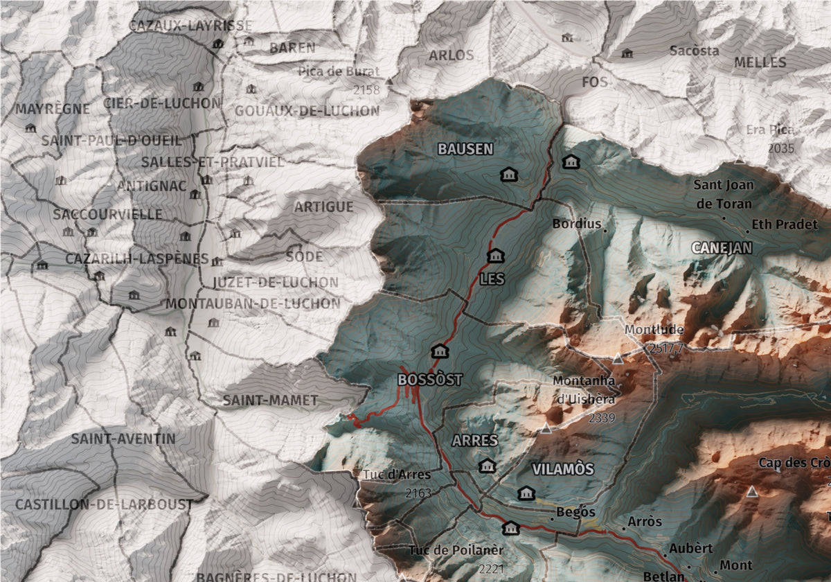Mapa de relieve de Aran, con el territorio en color y el entorno en blanco. Detalle de la zona superior izquierda. 21 × 30 cm. Estilo Azul y naranja. Agua del mapa en blanco.