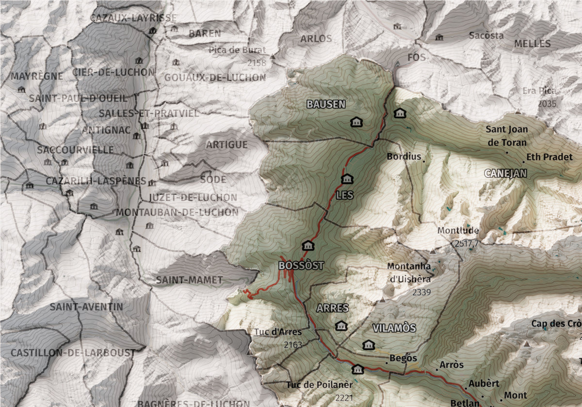 Mapa de relieve de Aran, con el territorio en color y el entorno en blanco. Detalle de la zona superior izquierda. 21 × 30 cm. Estilo Cartográfico.