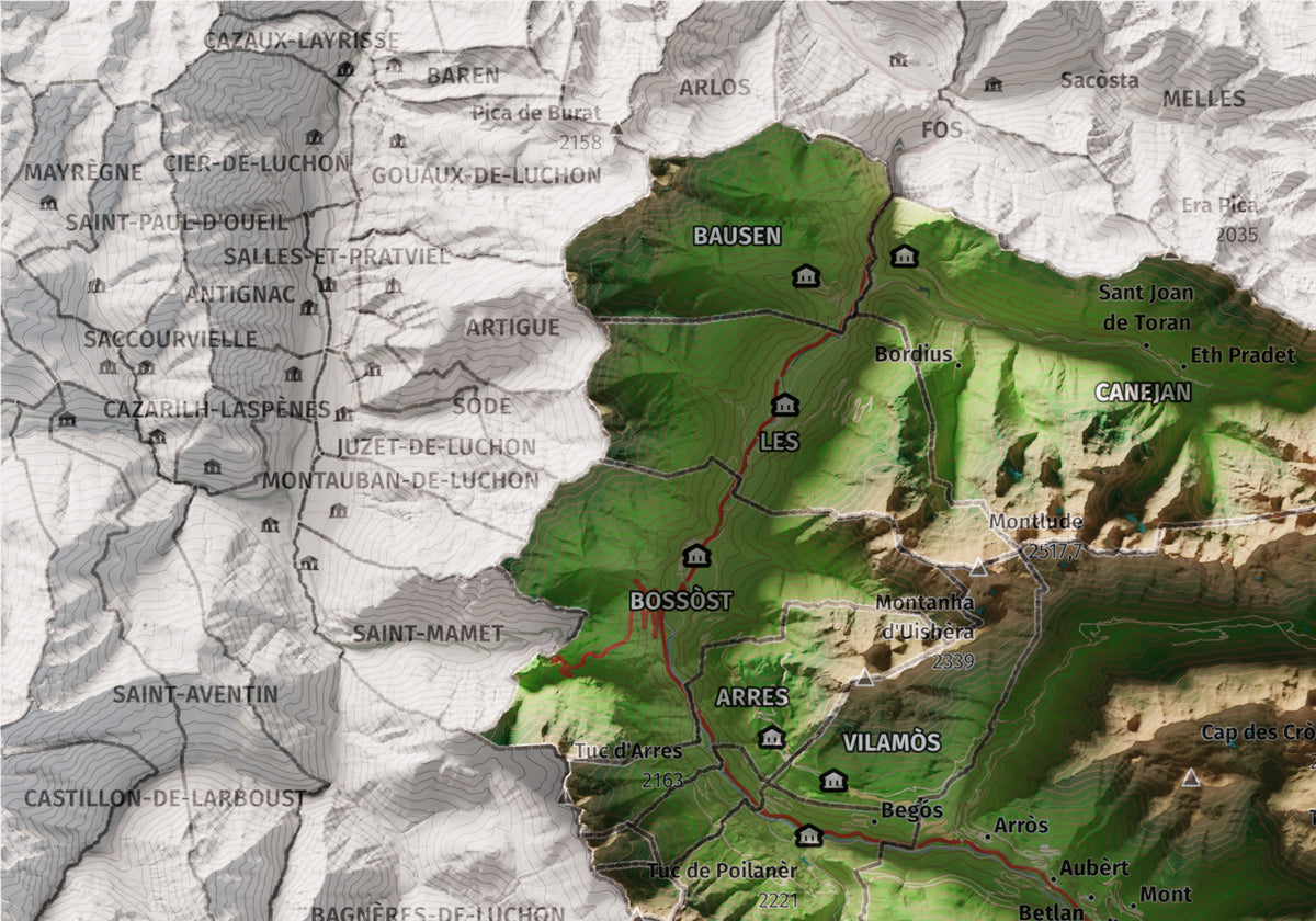 Mapa de relieve de Aran, con el territorio en color y el entorno en blanco. Detalle de la zona superior izquierda. 21 × 30 cm. Estilo Clásico.