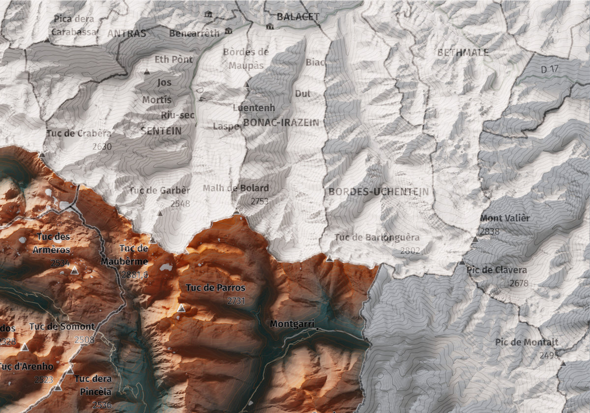 Mapa de relieve de Aran, con el territorio en color y el entorno en blanco. Detalle de la zona superior derecha. 21 × 30 cm. Estilo Azul y naranja. Agua del mapa en blanco.