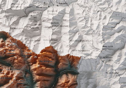Mapa de relieve de Aran, con el territorio en color y el entorno en blanco. Detalle de la zona superior derecha. 21 × 30 cm. Estilo Azul y naranja. Agua del mapa en blanco.