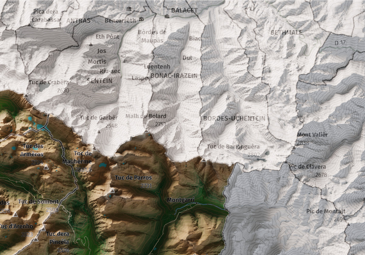 Mapa de relieve de Aran, con el territorio en color y el entorno en blanco. Detalle de la zona superior derecha. 21 × 30 cm. Estilo Clásico.