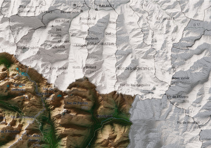 Mapa de relieve de Aran, con el territorio en color y el entorno en blanco. Detalle de la zona superior derecha. 21 × 30 cm. Estilo Clásico.