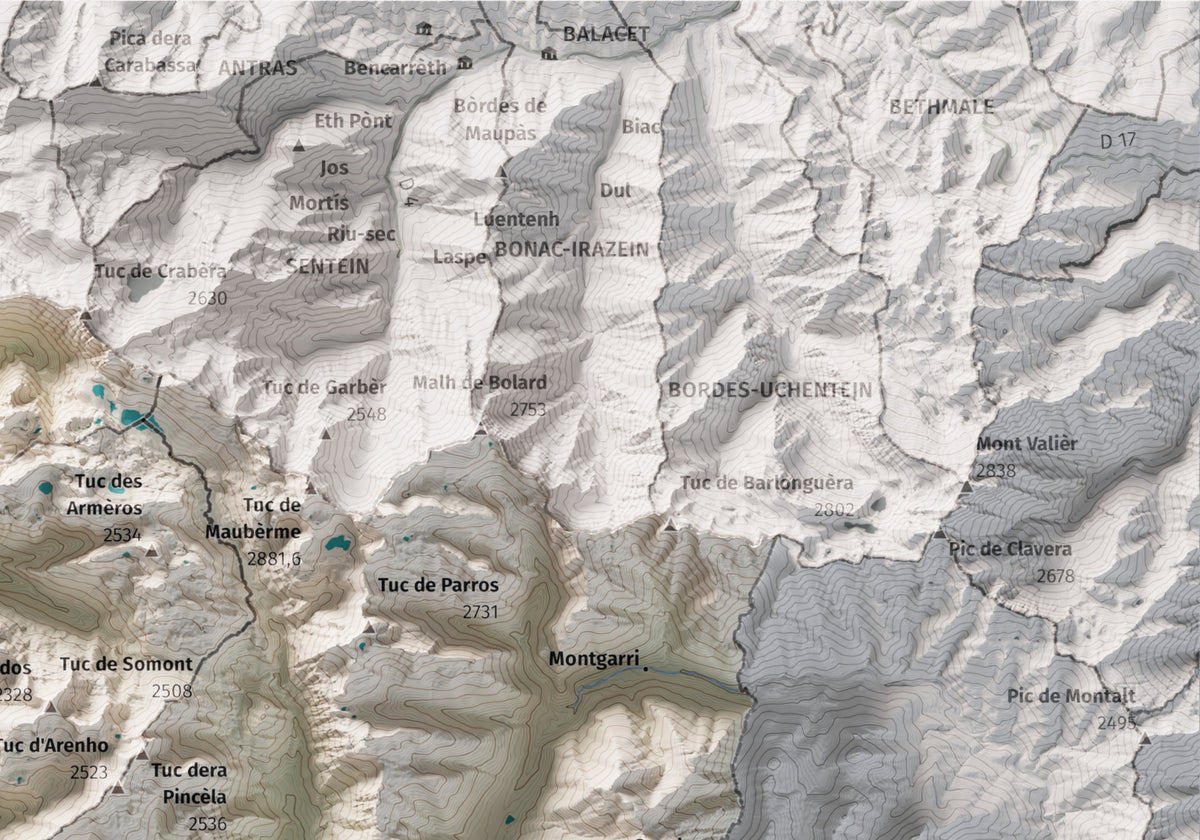 Mapa de relieve de Aran, con el territorio en color y el entorno en blanco. Detalle de la zona superior derecha. 21 × 30 cm. Estilo Cartográfico.