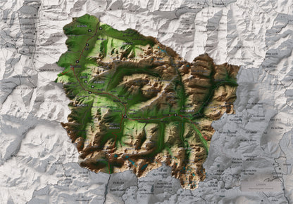 Mapa de relieve de Aran, con el territorio en color y el entorno en blanco. Vista completa de la lámina. 21 × 30 cm. Estilo Clásico.