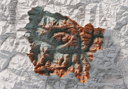 Mapa de relieve de Aran, con el territorio en color y el entorno en blanco. Vista completa de la lámina. 21 × 30 cm. Estilo Azul y naranja. Agua del mapa en blanco.