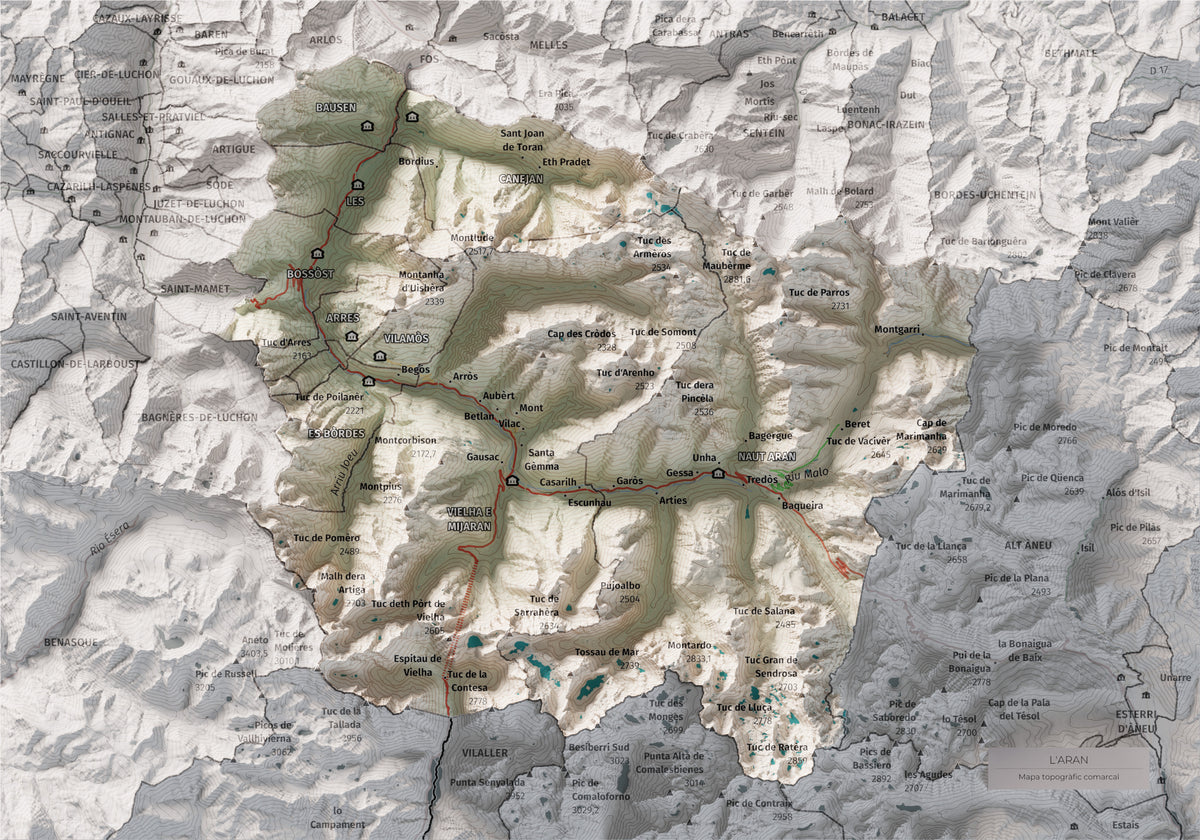 Mapa de relieve de Aran, con el territorio en color y el entorno en blanco. Vista completa de la lámina. 21 × 30 cm. Estilo Cartográfico.