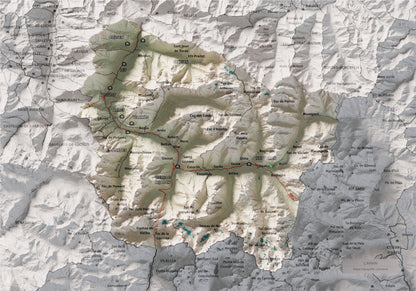 Mapa de relieve de Aran, con el territorio en color y el entorno en blanco. Vista completa de la lámina. 21 × 30 cm. Estilo Cartográfico.