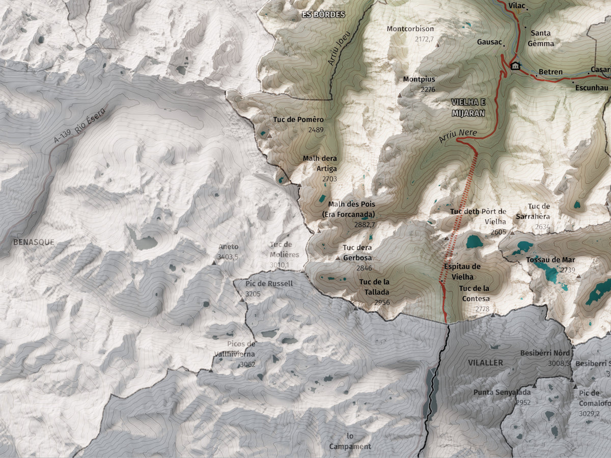 Mapa de relieve de Aran, con el territorio en color y el entorno en blanco. Detalle de la zona inferior izquierda. 30 × 40 cm. Estilo Cartográfico.