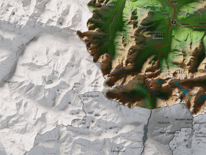 Mapa de relieve de Aran, con el territorio en color y el entorno en blanco. Detalle de la zona inferior izquierda. 30 × 40 cm. Estilo Clásico.