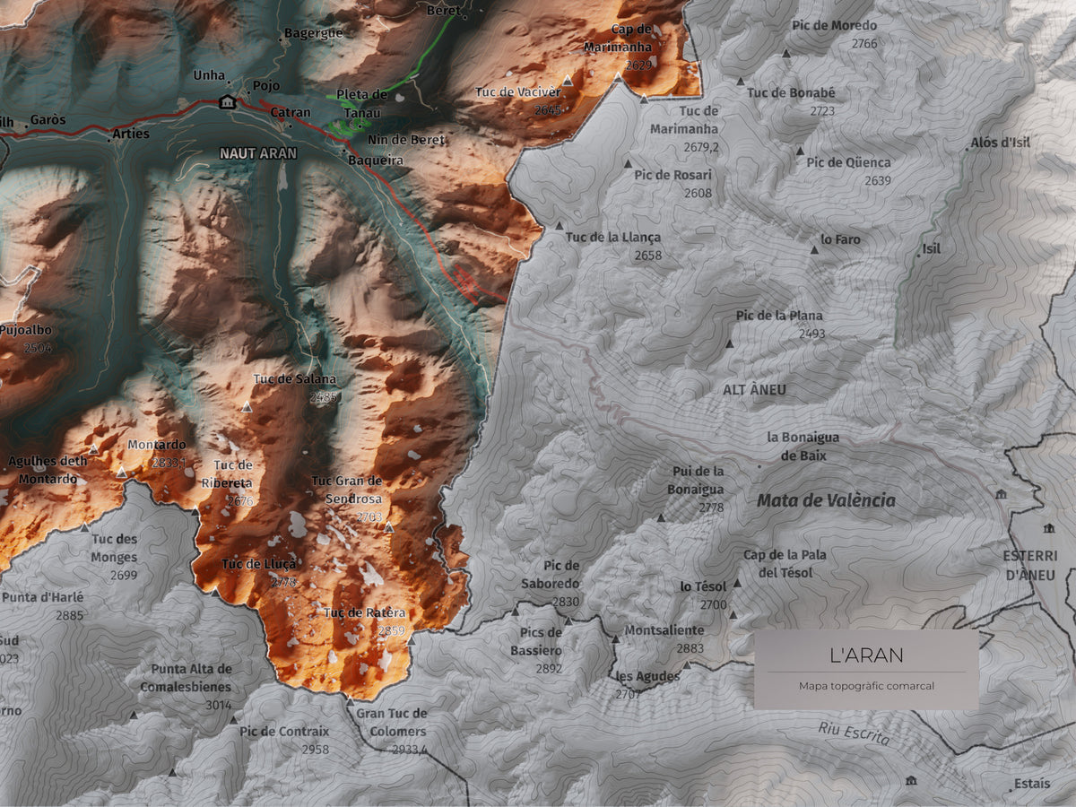 Mapa de relieve de Aran, con el territorio en color y el entorno en blanco. Detalle de la zona inferior derecha. 30 × 40 cm. Estilo Azul y naranja. Agua del mapa en blanco.