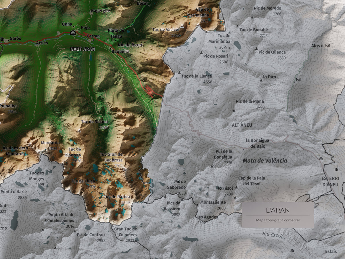 Mapa de relieve de Aran, con el territorio en color y el entorno en blanco. Detalle de la zona inferior derecha. 30 × 40 cm. Estilo Clásico.