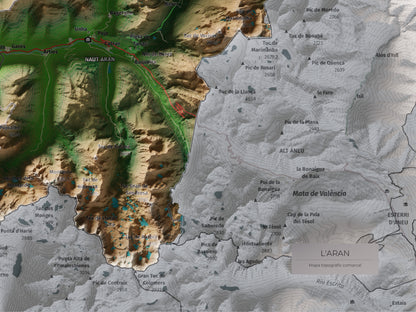 Mapa de relieve de Aran, con el territorio en color y el entorno en blanco. Detalle de la zona inferior derecha. 30 × 40 cm. Estilo Clásico.