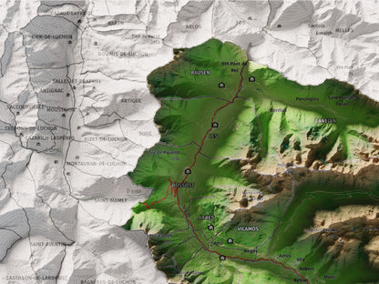 Mapa de relieve de Aran, con el territorio en color y el entorno en blanco. Detalle de la zona superior izquierda. 30 × 40 cm. Estilo Clásico.