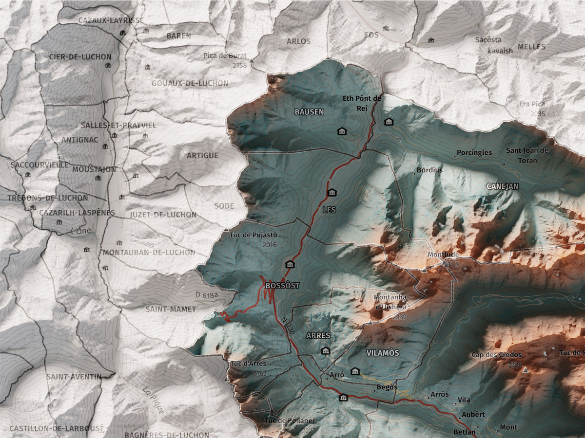 Mapa de relieve de Aran, con el territorio en color y el entorno en blanco. Detalle de la zona superior izquierda. 30 × 40 cm. Estilo Azul y naranja. Agua del mapa en blanco.