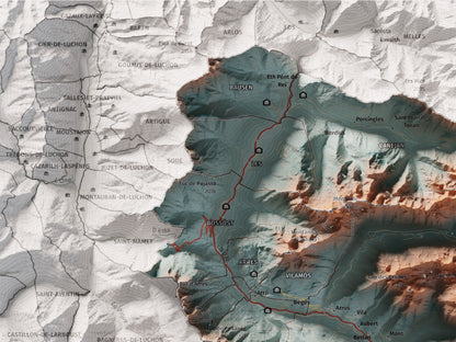 Mapa de relieve de Aran, con el territorio en color y el entorno en blanco. Detalle de la zona superior izquierda. 30 × 40 cm. Estilo Azul y naranja. Agua del mapa en blanco.