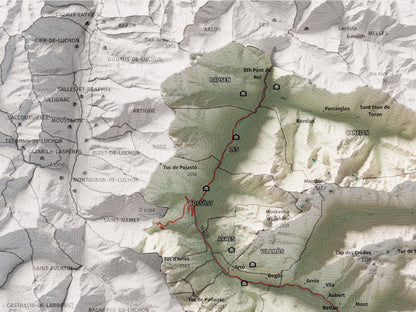 Mapa de relieve de Aran, con el territorio en color y el entorno en blanco. Detalle de la zona superior izquierda. 30 × 40 cm. Estilo Cartográfico.
