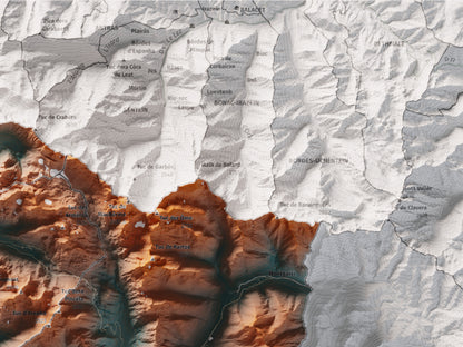 Mapa de relieve de Aran, con el territorio en color y el entorno en blanco. Detalle de la zona superior derecha. 30 × 40 cm. Estilo Azul y naranja. Agua del mapa en blanco.