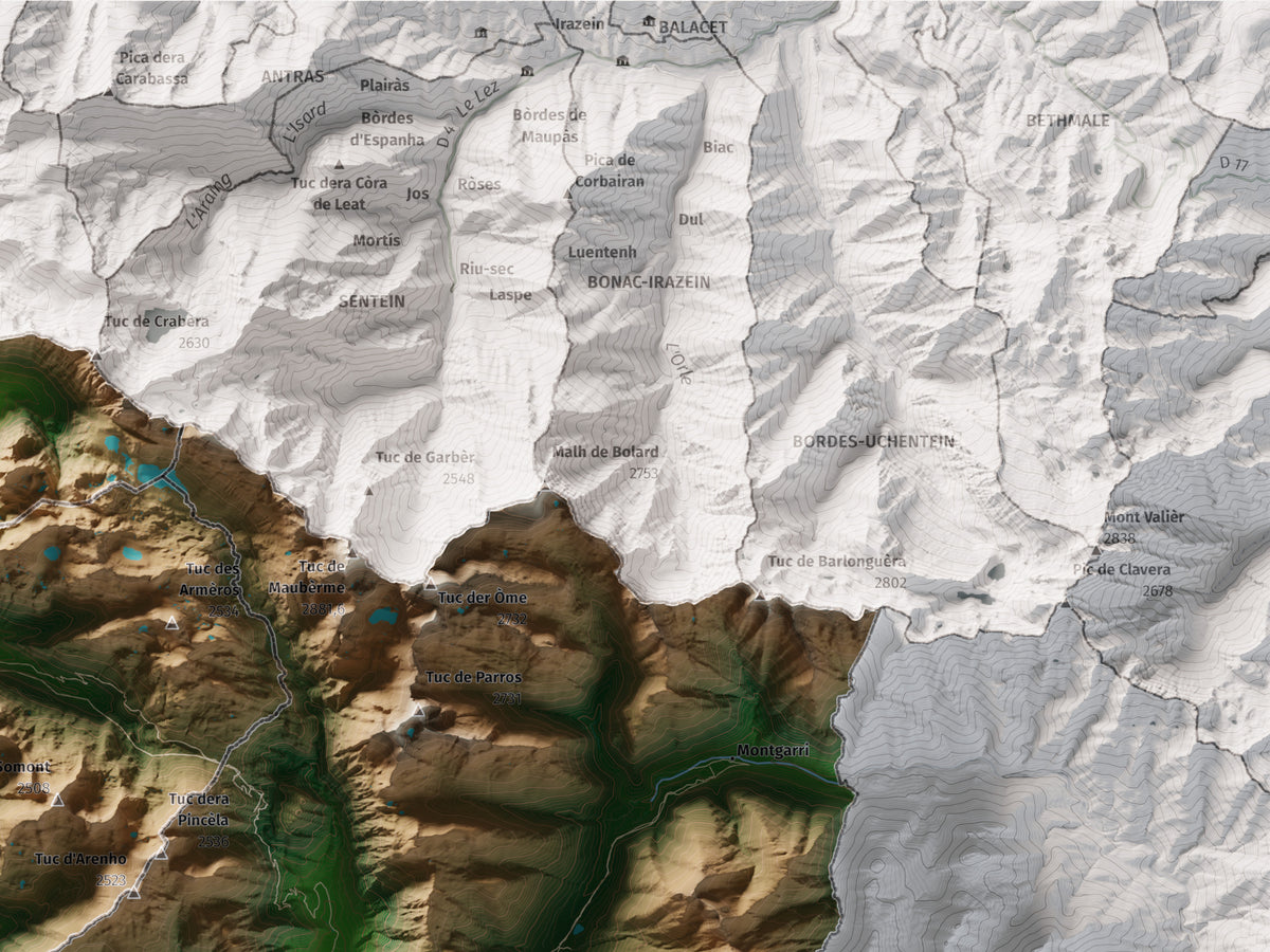 Mapa de relieve de Aran, con el territorio en color y el entorno en blanco. Detalle de la zona superior derecha. 30 × 40 cm. Estilo Clásico.