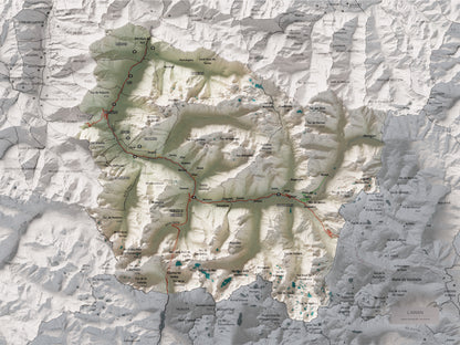 Mapa de relieve de Aran, con el territorio en color y el entorno en blanco. Vista completa de la lámina. 30 × 40 cm. Estilo Cartográfico.