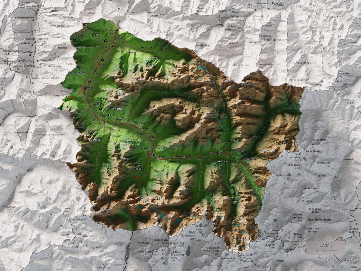 Mapa de relieve de Aran, con el territorio en color y el entorno en blanco. Vista completa de la lámina. 30 × 40 cm. Estilo Clásico.