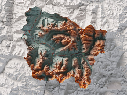 Mapa de relieve de Aran, con el territorio en color y el entorno en blanco. Vista completa de la lámina. 30 × 40 cm. Estilo Azul y naranja. Agua del mapa en blanco.