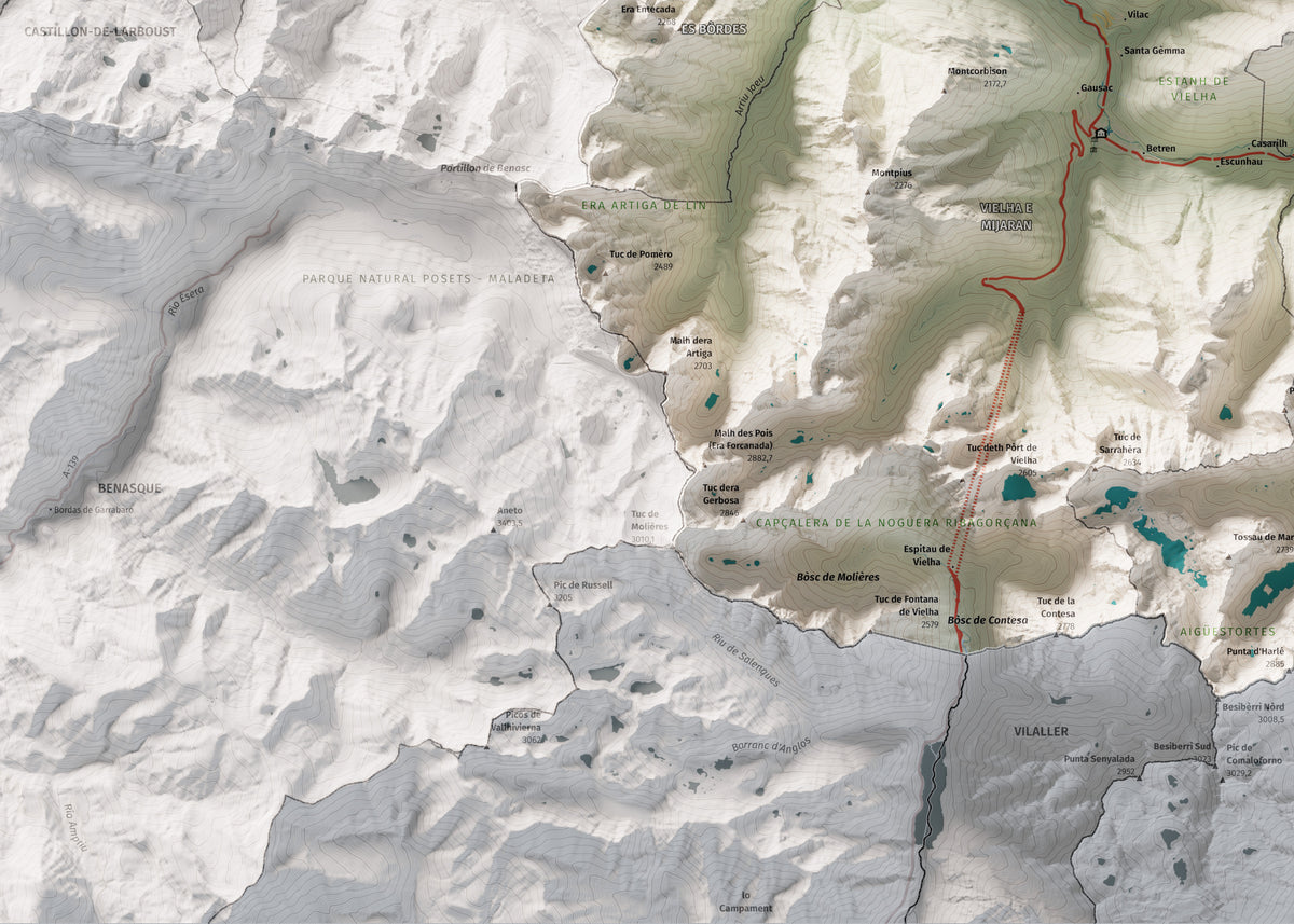Mapa de relieve de Aran, con el territorio en color y el entorno en blanco. Detalle de la zona inferior izquierda. 50 × 70 cm. Estilo Cartográfico.