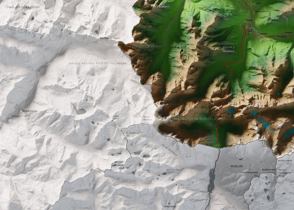 Mapa de relieve de Aran, con el territorio en color y el entorno en blanco. Detalle de la zona inferior izquierda. 50 × 70 cm. Estilo Clásico.