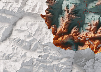 Mapa de relieve de Aran, con el territorio en color y el entorno en blanco. Detalle de la zona inferior izquierda. 50 × 70 cm. Estilo Azul y naranja. Agua del mapa en blanco.