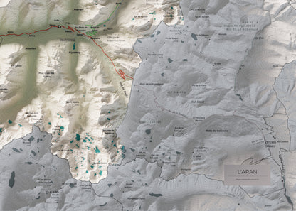 Mapa de relieve de Aran, con el territorio en color y el entorno en blanco. Detalle de la zona inferior derecha. 50 × 70 cm. Estilo Cartográfico.