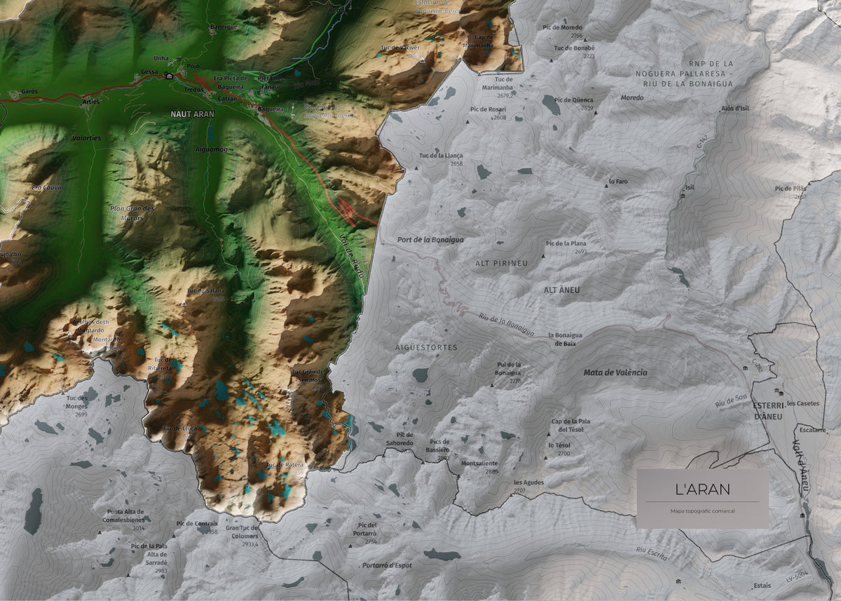 Mapa de relieve de Aran, con el territorio en color y el entorno en blanco. Detalle de la zona inferior derecha. 50 × 70 cm. Estilo Clásico.