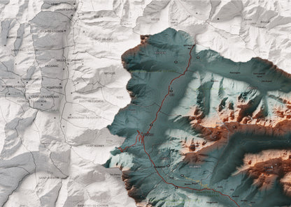 Mapa de relieve de Aran, con el territorio en color y el entorno en blanco. Detalle de la zona superior izquierda. 50 × 70 cm. Estilo Azul y naranja. Agua del mapa en blanco.