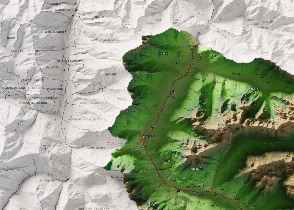 Mapa de relieve de Aran, con el territorio en color y el entorno en blanco. Detalle de la zona superior izquierda. 50 × 70 cm. Estilo Clásico.