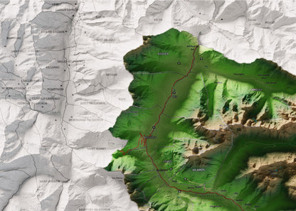 Mapa de relieve de Aran, con el territorio en color y el entorno en blanco. Detalle de la zona superior izquierda. 50 × 70 cm. Estilo Clásico.