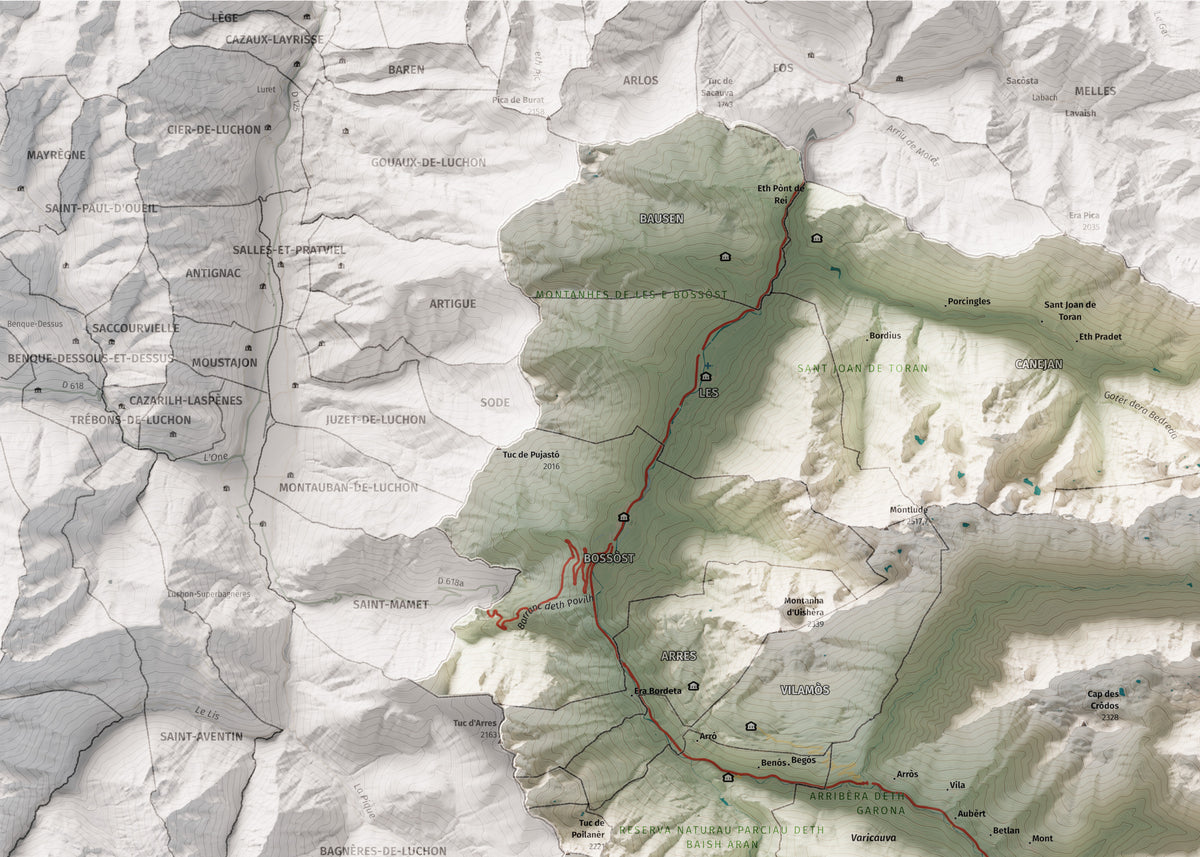 Mapa de relieve de Aran, con el territorio en color y el entorno en blanco. Detalle de la zona superior izquierda. 50 × 70 cm. Estilo Cartográfico.