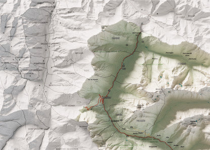 Mapa de relieve de Aran, con el territorio en color y el entorno en blanco. Detalle de la zona superior izquierda. 50 × 70 cm. Estilo Cartográfico.