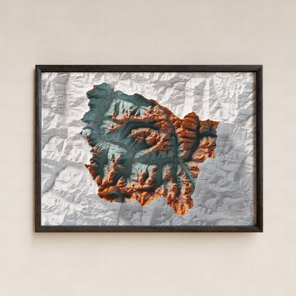 Mapa de relieve de Aran, con el territorio en color y el entorno en blanco. Presentación con marco. 50 × 70 cm. Estilo Azul y naranja. Agua del mapa en blanco.