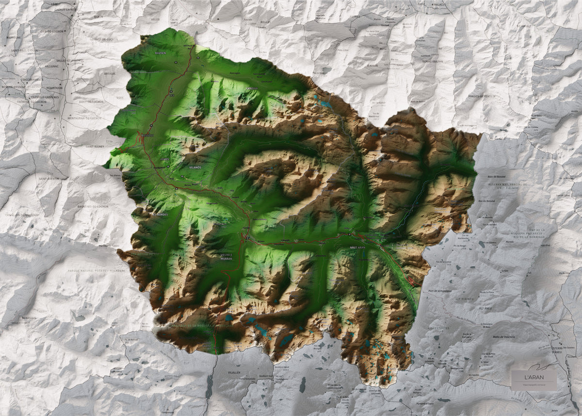 Mapa de relieve de Aran, con el territorio en color y el entorno en blanco. Vista completa de la lámina. 50 × 70 cm. Estilo Clásico.